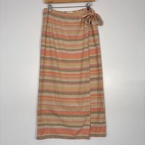 Talbots Womens Wrap Skirt Size 8 Multi Color Striped Linen Cotton Midi Maxi‎ Tie
